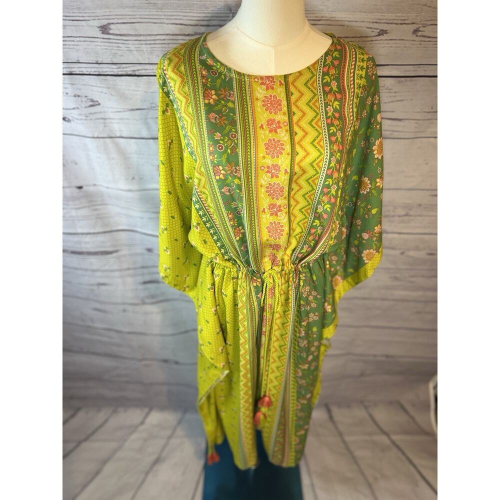 Boho Floral Geometric Tassel Fringe Dress Green Pink Tropical Tunic L - Picture 7 of 9